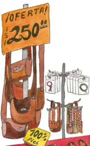 Ilustración de un puesto de artesanías: bolsas y cinturones de piel colgados con cartel naranja que dice '¡OFERTA! $250.00', estante con artículos pequeños y mesa roja con zapatos y botas de piel, una etiqueta amarilla indica '100% Piel'. Crédito: Angélica Guadalupe Méndia Martínez, Baja California Sur.