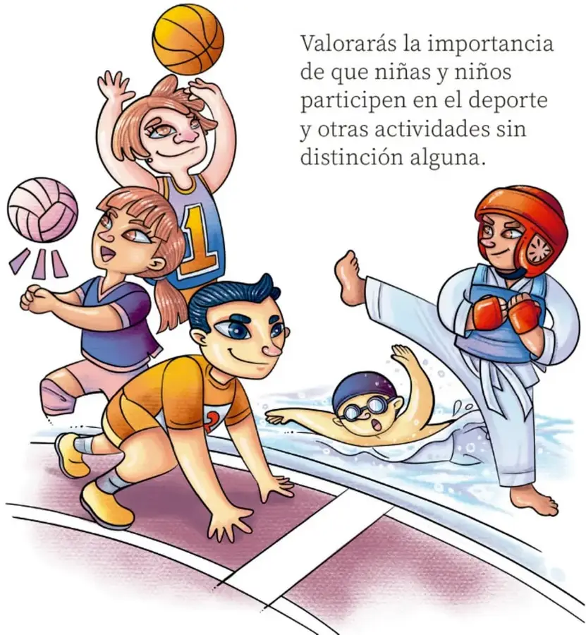 Ilustración de cuatro niñas y niños practicando baloncesto, voleibol, natación, atletismo y karate, transmitiendo diversidad e inclusión deportiva.