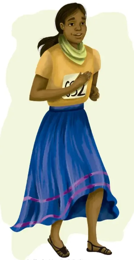 Ilustración de una mujer joven corriendo, con blusa amarilla, falda azul y un número en el pecho, en un fondo verde claro.