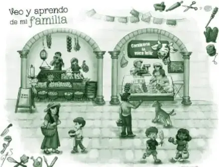 Miniatura del recurso 'Veo y aprendo de mi familia': escena de mercado con puestos de comida y panadería bajo arcos, personas vendiendo y comprando, niños jugando con globos y herramientas/utensilios en los bordes.