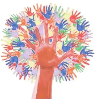 Una mano central rodeada de muchas manos de diferentes colores. Representa la participación, la diversidad y la colaboración entre las personas.