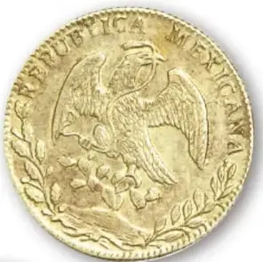 Moneda mexicana dorada con el águila del Escudo Nacional grabada, con la leyenda 'REPUBLICA MEXICANA'.