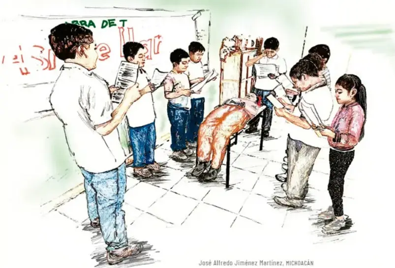 Ilustración de estudiantes de primaria reunidos en un patio escolar; algunos leen hojas, otros observan un tendedero con trabajos y una niña escribe en un cuaderno. Al fondo hay un muro con letras pintadas. Al pie se lee: José Alfredo Jiménez Martínez, MICHOACÁN.