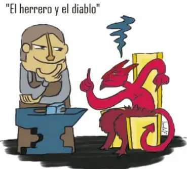 Ilustración 'El herrero y el diablo': herrero junto a su yunque con el diablo rojo sentado, misma autoría.