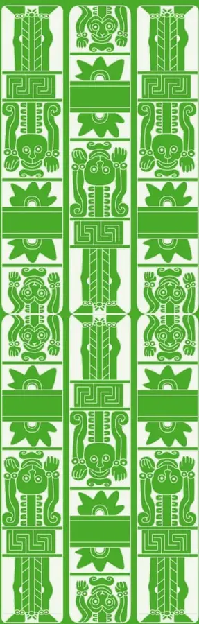 Decoración vertical en verde con motivos prehispánicos estilizados: figuras antropomorfas, máscaras, serpientes y geométricas, en tres bandas.