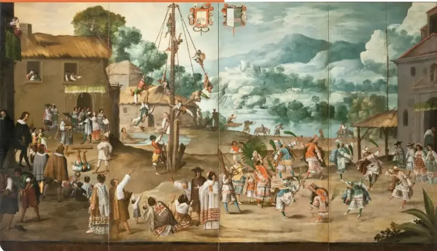Biombo novohispano con escenas del Desposorio de indios y el juego del palo volador, con personajes españoles e indígenas.
