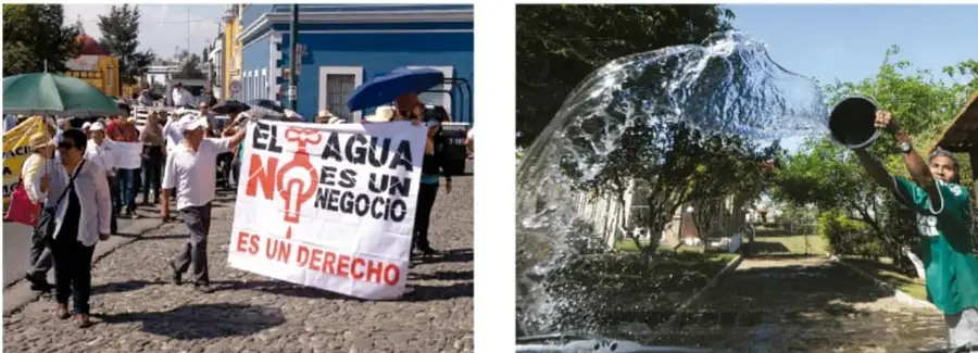 Marcha ciudadana con una manta que dice «El agua no es un negocio, es un derecho».