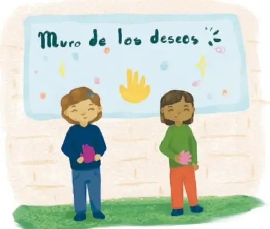 Ilustración de dos niñas frente a un muro con el título 'Muro de los deseos', un dibujo de una mano y adornos de colores; crédito a Vivian Lisette Esquivel Martínez, Estado de México.