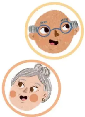 Dos retratos ilustrados de personas mayores (un hombre con lentes y una mujer con cabello gris), créditos a Ana María Hernández Hernández, Ciudad de México.