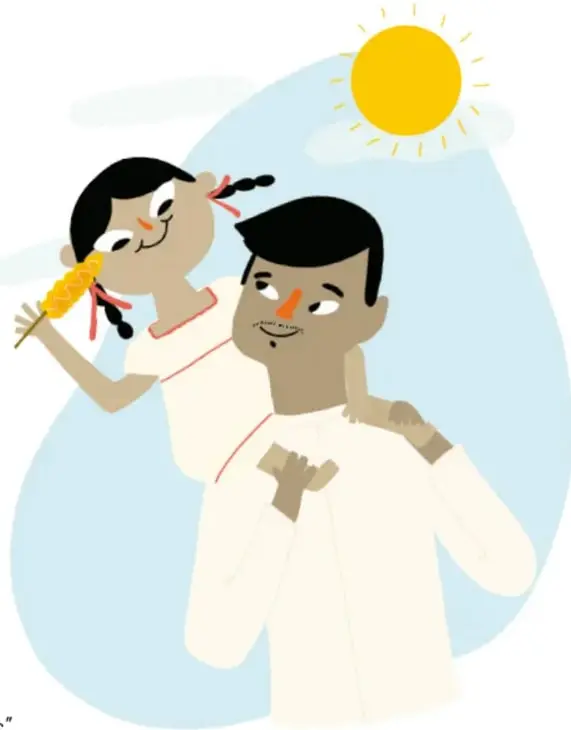 Ilustración plana con fondo celeste en forma de gota: una niña de coletas cargada sobre los hombros de su papá; ella sostiene una mazorca de elote y ambos sonríen, con el sol y nubes arriba; alude a la confianza familiar.