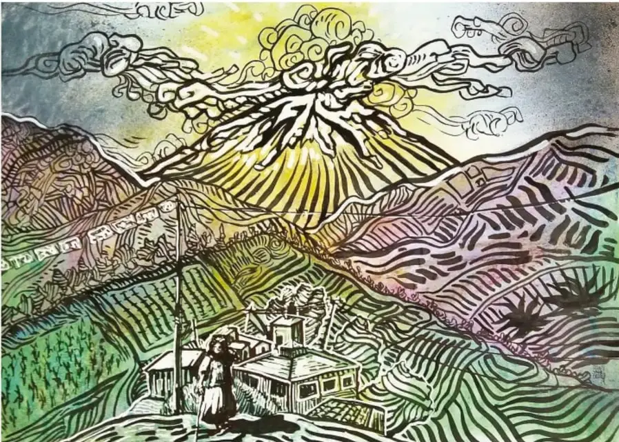 Ilustración a color estilo xilografía o grabado que muestra un volcán humeante al fondo, con trazos negros que simulan nubes y humo; en primer plano hay laderas con cultivos en terrazas, una casa pequeña y una persona de pie junto a un poste. Al pie se lee 'Octavio Sánchez Oropeza, Veracruz'.