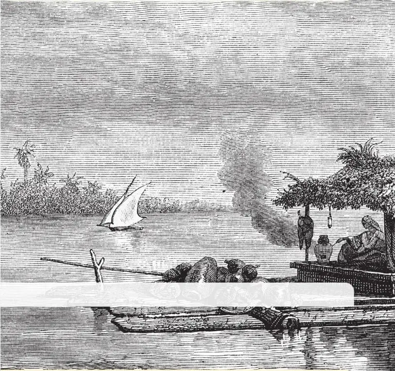 Grabado en blanco y negro de una balsa navegando por el río Guayas en 1861. Se observan el río, vegetación en las orillas y personas relacionadas con la navegación.