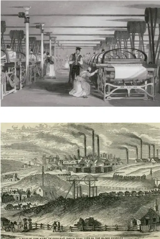 Grabado del interior de una fábrica textil con filas de máquinas operadas por obreros, ilustrando el uso de máquinas de vapor en molinos y fábricas.