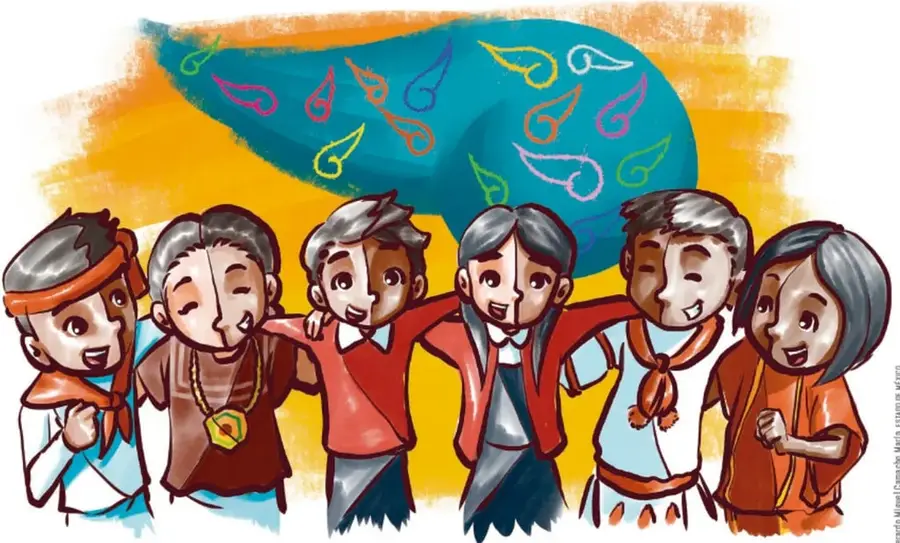 Ilustración de seis niños y niñas tomados de los hombros, con vestimenta tradicional de distintos pueblos originarios de México, frente a una manta azul con grecas de colores. Al costado derecho se lee: Gerardo Miguel Cázares Marín, Estudio de México.