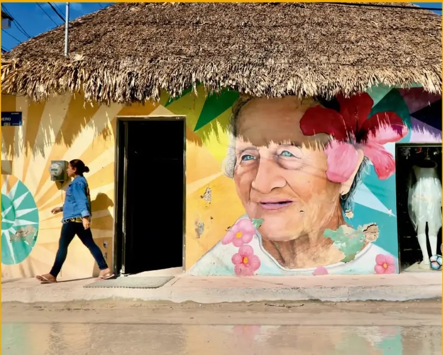 Portada con fondo amarillo y verde, título 'Nuestro libro de proyectos', logo TELésecundaria, y fotografía de una casa con techo de paja y un mural de una mujer mayor con flores, mientras una persona camina por la acera.