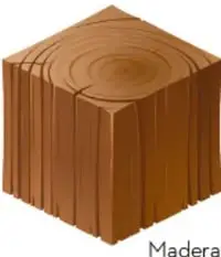 Ilustración de un cubo grande de madera de roble y un cubo pequeño de hierro, etiquetados como 'Madera' y 'Hierro'.