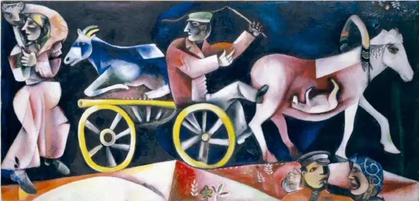 Reproducción de la pintura El tratante de ganado (1912) de Marc Chagall: escena rural con figuras humanas, un carro, animales y colores vivos.