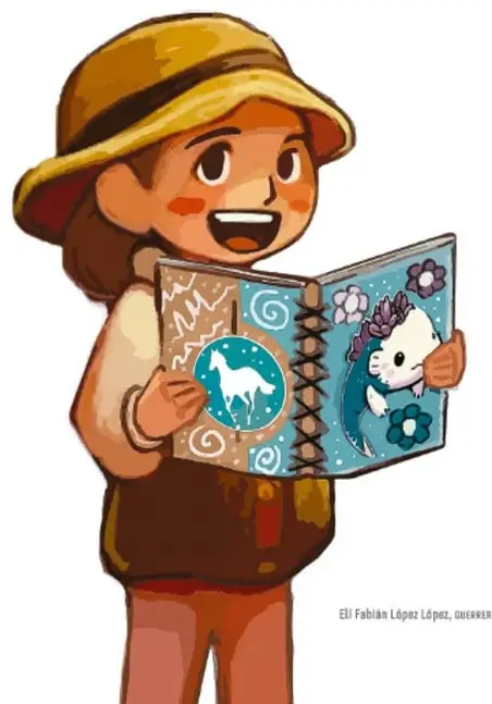 Ilustración de una niña con sombrero de exploradora sosteniendo un libro cartonero abierto con dibujos de un caballo y una criatura fantástica.