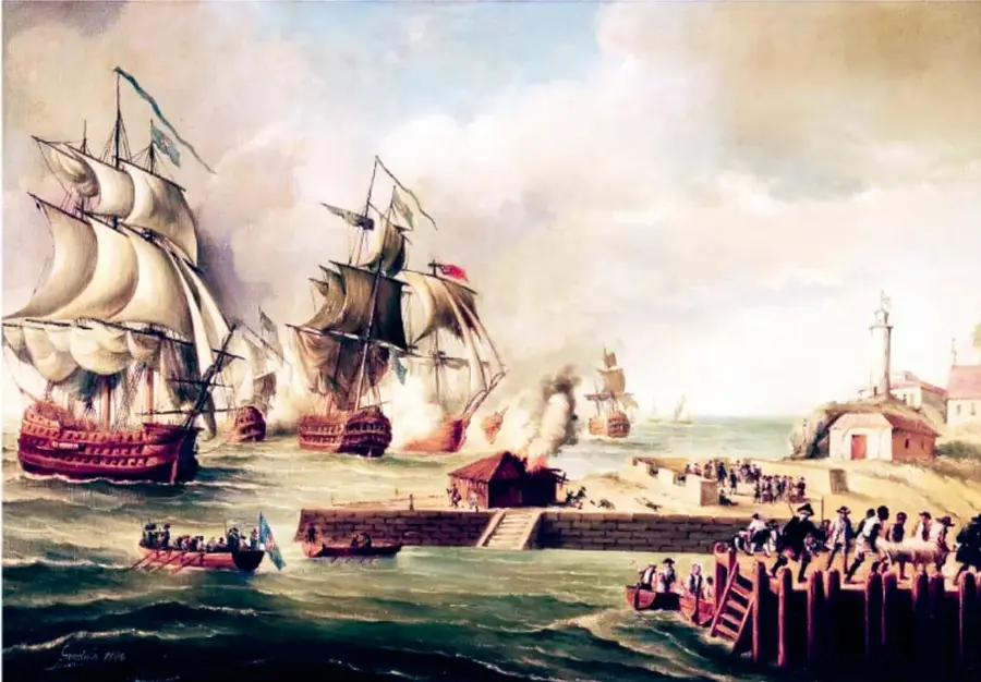 Pintura histórica de varios barcos de velas en un puerto con humo de cañonazos, muelle y edificaciones costeras, evocando batallas navales y conquistas.