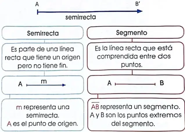 Cuadros comparativos con la definición y representación de una semirrecta y un segmento.