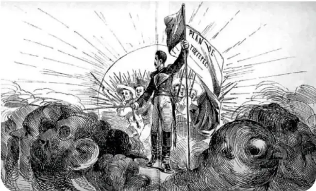 Ilustración de un militar sosteniendo una bandera con la leyenda 'Plan de Tuxtepec', rodeado de figuras y un sol radiante.