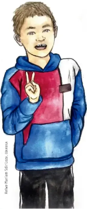 Ilustración de Pepe, niño de seis años con mochila, chamarra roja y azul, haciendo el gesto de paz con la mano.