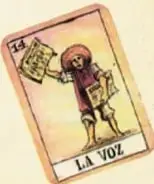 Carta de la baraja española con la figura de un pregonero y la palabra 'LA VOZ'.