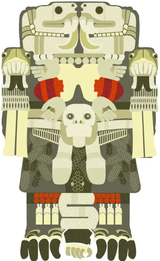 Ilustración estilizada de la Coatlicue con colores arena, olivo y rojo: dos cabezas de serpiente enfrentadas arriba, collar de manos y corazones, calavera central, falda de serpientes entrelazadas, cinturón con cráneo y garras en los pies.