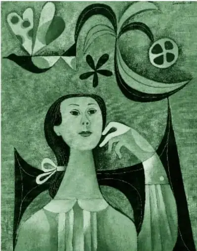 Óleo (impreso en tinta verde) del retrato de una mujer de cuello alargado con listón blanco, vestido rosa y mano en la mejilla; sobre su cabeza una flor negra de cinco pétalos y, arriba a la izquierda, un ave volando con las alas hacia arriba; composición estilizada con formas geométricas.