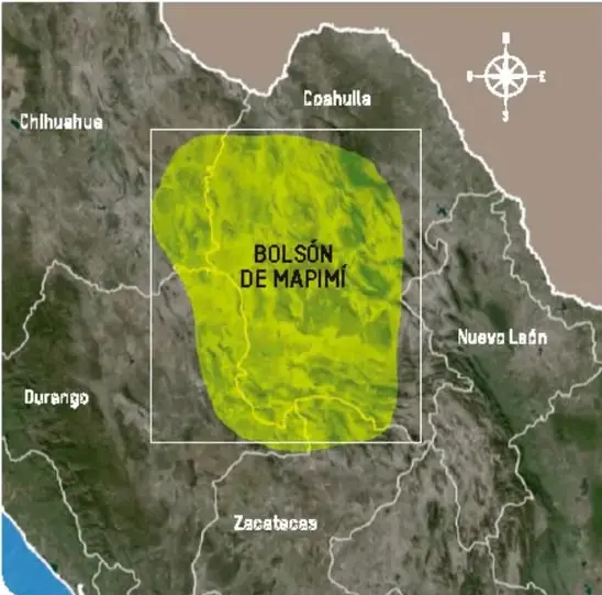 Mapa del bolsón de Mapimí ubicado entre Chihuahua, Coahuila, Durango, Nuevo León y Zacatecas.