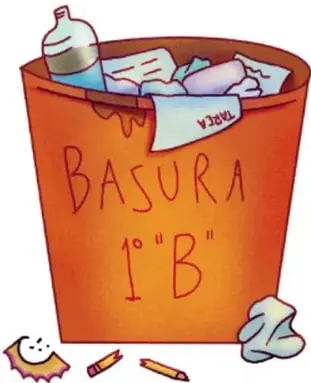 Ilustración de un bote de basura naranja rotulado 'BASURA 1° B' con papeles, botella y lápices, con crédito a Karina Enéndira Pérez Olmos, Michoacán.