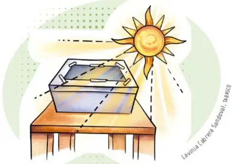 Ilustración de un deshidratador solar colocado sobre una mesa, con rayos de sol incidiendo sobre él (ilustración de Lavinia Cabrera Sandoval, TABASCO).