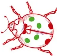 Ilustración roja de una mariquita con puntos verdes, decorativa.
