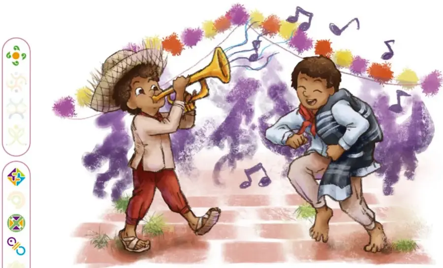 Ilustración de dos niños de comunidad: uno toca una trompeta con sombrero de palma y ropa tradicional; el otro baila con camisa, pantalón y un morral. Detrás hay siluetas moradas de personas y notas musicales de colores, sobre un piso de ladrillo.