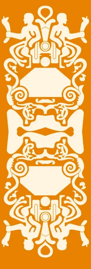 Ilustración ornamental de estilo prehispánico en tonos crema sobre fondo naranja, con figuras humanas estilizadas en espejo, espirales y elementos geométricos simétricos, propios de la colección Ximhai.