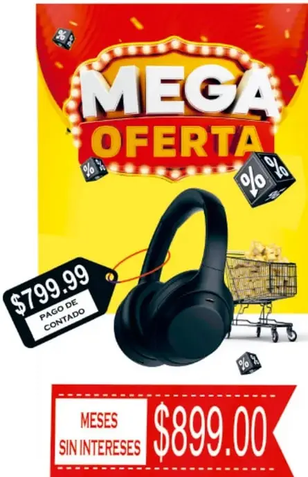 Anuncio "MEGA OFERTA" con audífonos: etiqueta $799.99 pago de contado y banda roja $899.00 meses sin intereses, carrito de compras y símbolos de porcentaje.