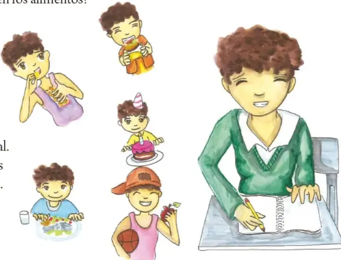 Ilustraciones de niños: uno comiendo una barrita, otro comiendo un pan, un niño con gorro de fiesta frente a un pastel, un niño comiendo una manzana con una pelota de basquetbol, un niño pequeño comiendo verduras de un plato con un vaso de leche, y al centro-derecha un niño sentado escribiendo su lista en un cuaderno. Crédito: María del Rosario Escobar García, Jalisco.