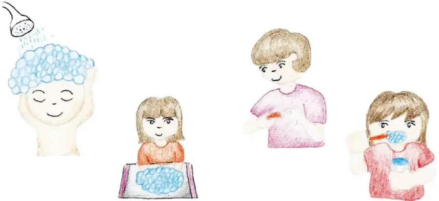 Ilustración de una persona bañándose con agua y espuma en la cabeza.