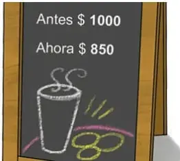 Pizarra de cafetería con un vaso dibujado; indica 'Antes $ 1000' y 'Ahora $ 850'.