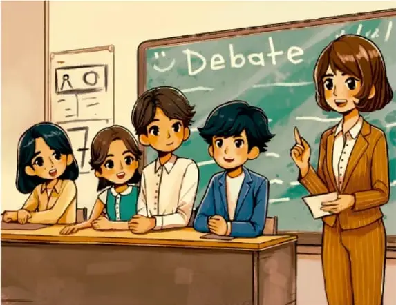 Ilustración de un maestro frente al pizarrón con la palabra TEMAS, ante estudiantes con la mano levantada. Crédito: Eli Fabián López López, GUERRERO.