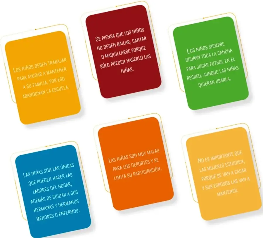 Seis tarjetas de colores (amarillo, rojo, verde, azul, naranja y amarillo claro) con situaciones de desigualdad escritas en mayúsculas.