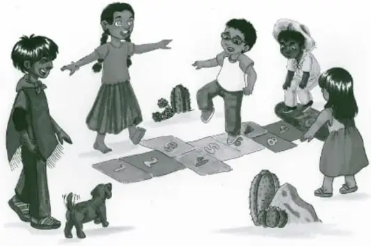 Ilustración de un grupo de niñas y niños jugando en el suelo con un juego de mesa o rompecabezas; uno de ellos señala algo. Alrededor hay un perro, una penca de nopal y otros objetos. La escena representa la convivencia y la diversidad cultural.
