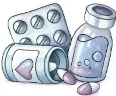 Ilustración de medicamentos: blíster, frasco y capsulas