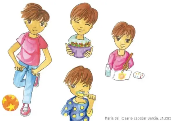 Ilustraciones de un niño en cuatro escenas cotidianas saludables: jugar futbol con un balón, comer frutas de un tazón, cepillarse los dientes y pintar una acuarela con pincel y acuarelas. Crédito: María del Rosario Escobar García, Jalisco.