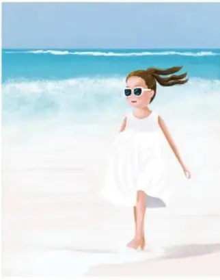 Ilustración de una niña con vestido blanco y lentes de sol caminando en la playa. Crédito: Raquel García Aguirre, CIUDAD DE MÉXICO.