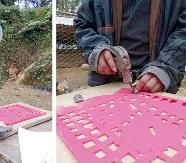 Fotografías de un artesano elaborando papel picado: golpea con un martinete o cincel sobre papel rosa apoyado en una base de plomo, y dibuja trazos sobre papel blanco; fotos de Rosa Laura Tezoco Tehuintle, Veracruz.