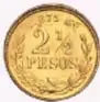 Fotografía del reverso de una moneda de Dos y Medio Pesos de México, 1877, en oro.