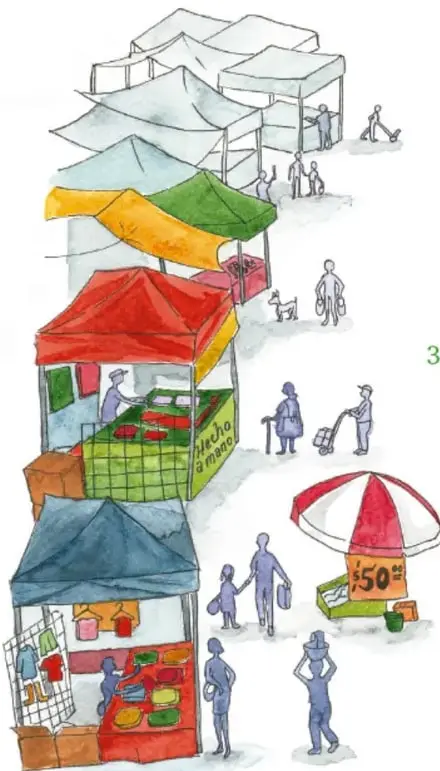 Ilustración de un mercado comunitario con puestos de colores (rojo, verde, azul), una sombrilla con precio de $50, personas caminando y niños; pie de foto: Angélica Guadalupe Mendia Martínez, Baja California Sur.
