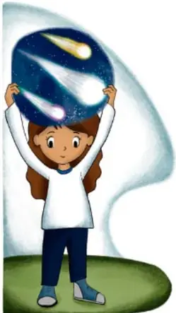 Ilustración de una niña sosteniendo sobre su cabeza un cometa o meteorito en el cielo, obra de Marián Luna Cuellar, Veracruz.