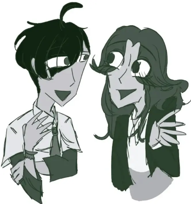 Ilustración de dos personajes jóvenes, un chico y una chica, conversando animadamente; el chico viste camisa y corbata, la chica tiene cabello largo y gesto expresivo.